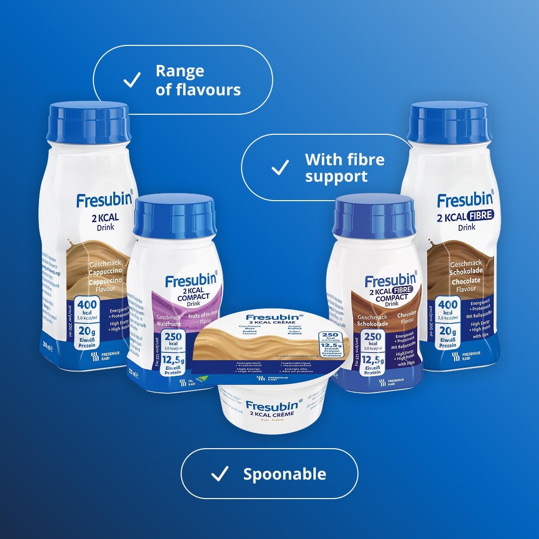 Fresubin’s 2KCAL range includes Fresubin’s widest range of flavours, spoonable formats and options with fibre support. Includes 2KCAL Drink, 2KCAL COMPACT Drink, 2KCAL FIBRE 2KCAL FIBRE COMPACT Drink 2KCAL Crème 