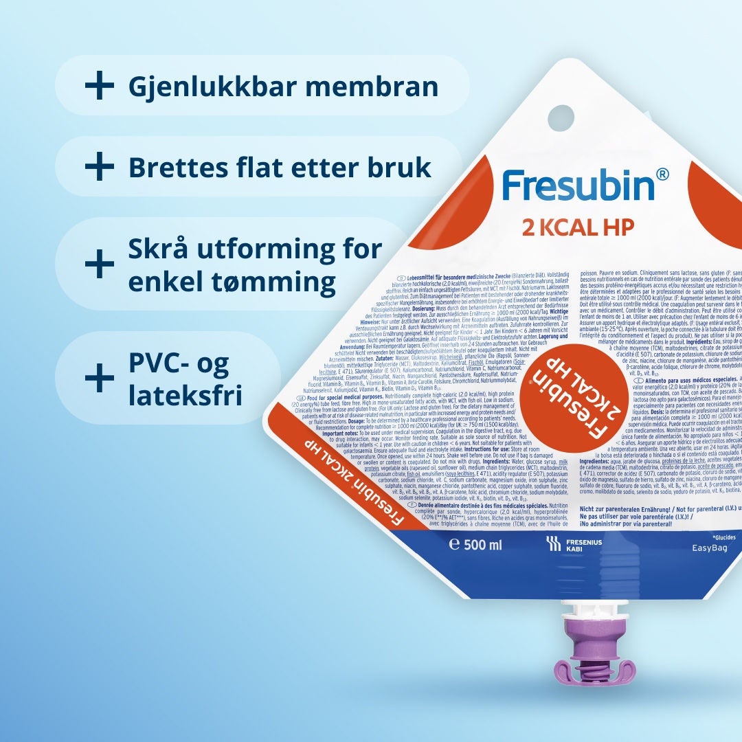 Fresubins traktformede EasyBag for sondeernæring har en membran som kan lukkes igjen, kan klemmes helt sammen og er fri for PVC og lateks. 