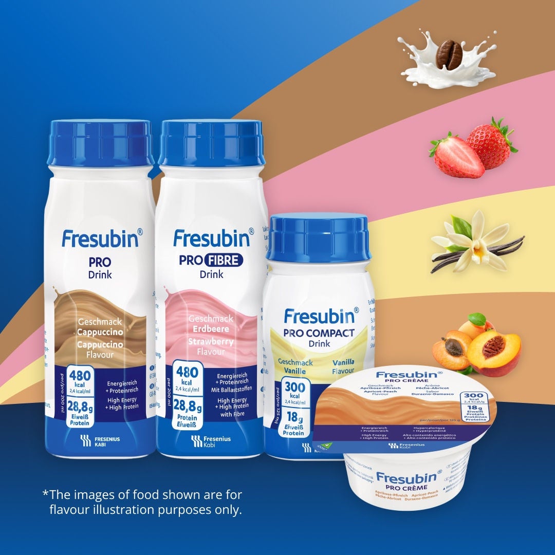 The Fresubin Pro range addresses the challenges of inadequate nutrition in older adults. Includes Fresubin PRO Drink, Fresubin PRO FIBRE Drink, Fresubin PRO Compact Drink, Fresubin PRO Creme.  