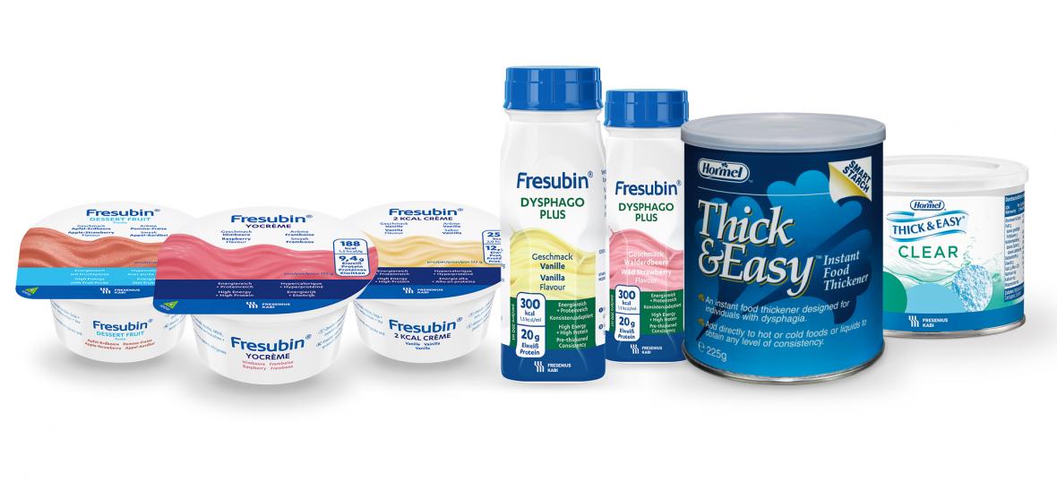 Verschiedene Fresubin Produkte: Cremes, Trinknahrung und Andickungsmittel