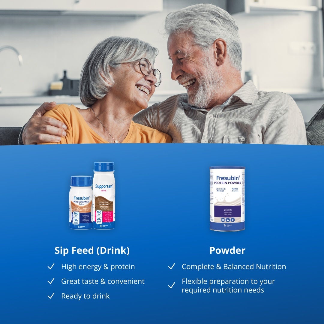 The Fresubin oral nutritional supplement range includes high energy and high protein sip feed drinks that have a great taste, and are convenient with compact options available; spoonable, satisfying crème cups that are high in energy and protein and ideal as a snack or dessert in a variety of flavours; and, powders that can be used in food or drinks to adjust energy and protein to your desired consistency for flexible, tailored nutrition. 