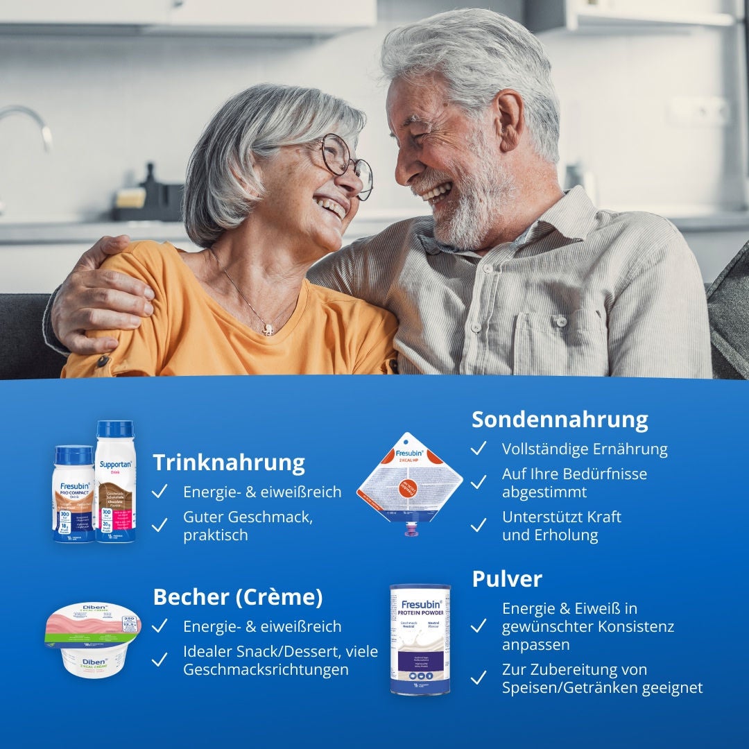 Das Fresubin-Sortiment umfasst energiereiche und proteinreiche Trinknahrungsprodukte, die praktisch in der Anwendung sind und hervorragend schmecken; Sondenernährungsprodukte, die eine vollständige Ernährung für verschiedene klinische Bedürfnisse bieten; löffelbare Cremebecher, die reich an Energie und Protein sind und sich ideal als Snack oder Dessert in verschiedenen Geschmacksrichtungen eignen; sowie Pulver, die flexibel in Speisen oder Getränken verwendet werden können, um den Energie- und Proteingehalt ganz nach Ihren Wünschen anzupassen. 
