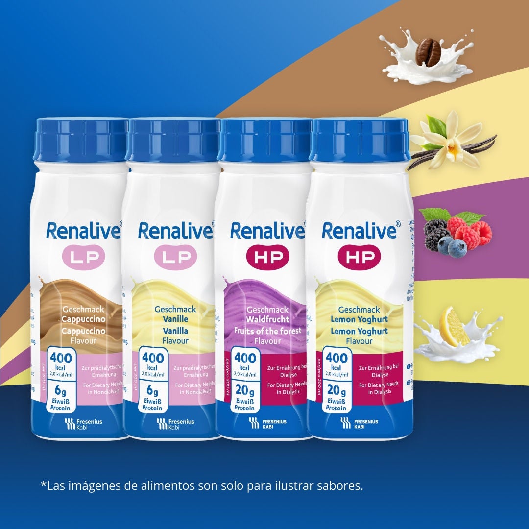 La línea Renalive de Fresubin incluye Renalive LP en los sabores capuchino y vainilla, así como Renalive HP en los sabores frutas del bosque y yogur de limón. 