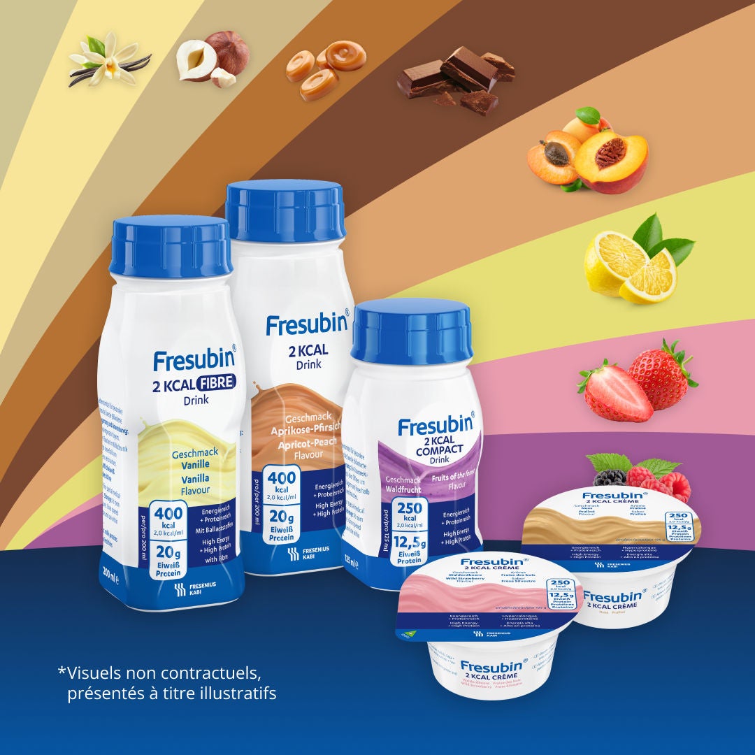La gamme 2KCAL de Fresubin propose un large choix de formats. Elle comprend les boissons 2KCAL, les boissons 2KCAL COMPACT, les boissons 2KCAL FIBRE, les boissons 2KCAL FIBRE COMPACT et les crèmes 2KCAL. 