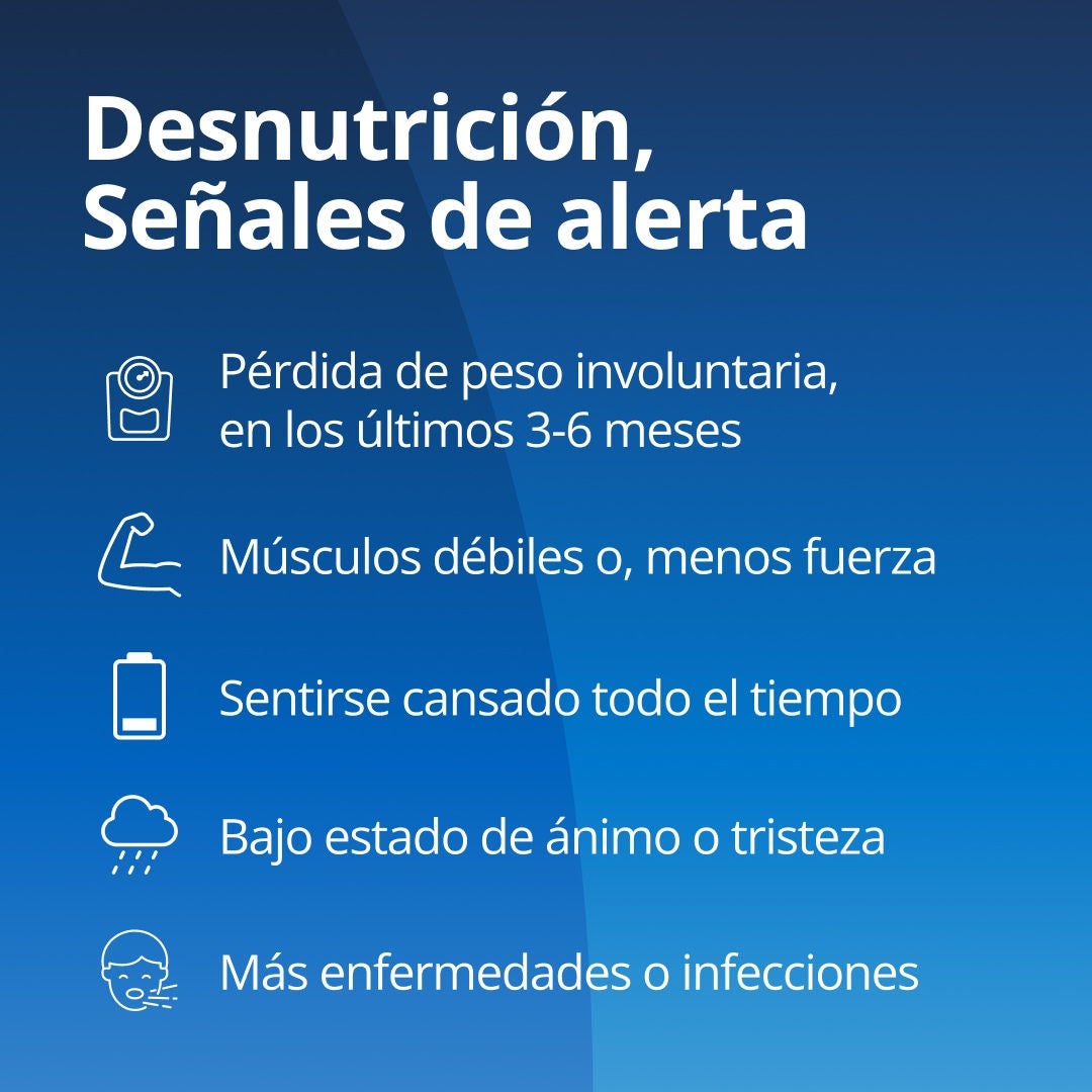 Fresubin explica que los signos de alerta de la desnutrición en las personas mayores incluyen la pérdida de peso involuntaria en los últimos 3 a 6 meses, debilidad muscular o disminución de la fuerza, sensación de cansancio constante, bajo estado de ánimo o desánimo, y un aumento de las enfermedades e infecciones 