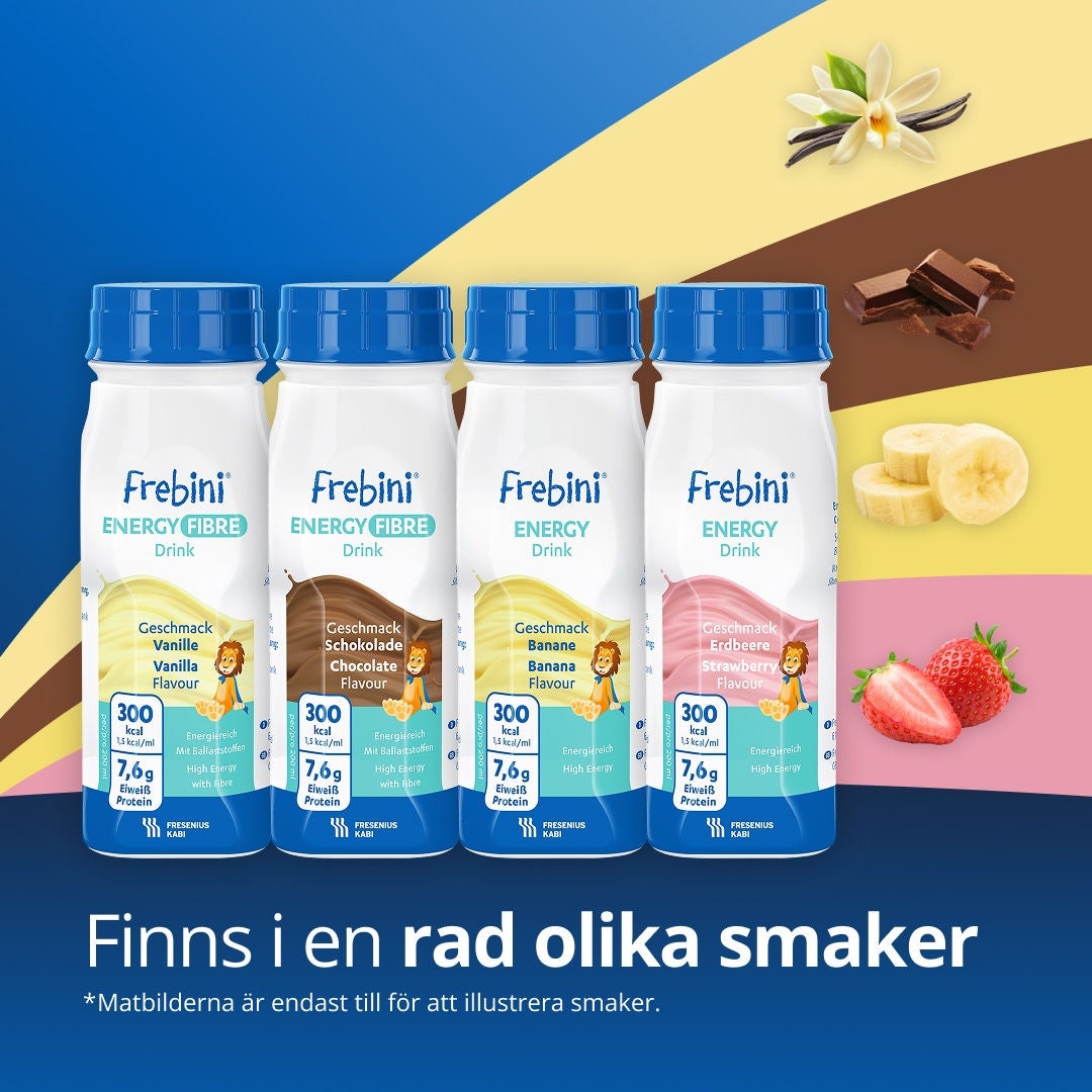 High calorie paediatric drinks from Fresubin's Frebini range, supporting children who need additional energy and nutritional intake, including Frebini Chocolate-flavoured and Vanilla-flavoured ENERGY FIBRE Drink and Frebini Banana-flavoured and Strawberry-flavoured ENERGY Drink 