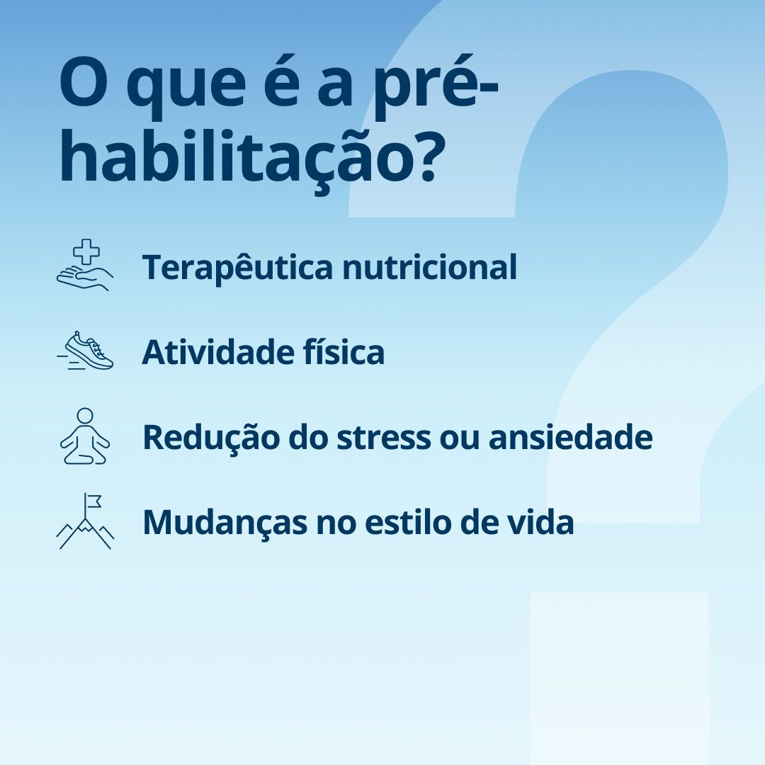 O que é a pré-reabilitação? A Fresubin explica que a pré-reabilitação inclui apoio nutricional, atividade física, redução do stress ou da ansiedade e mudanças no estilo de vida. 