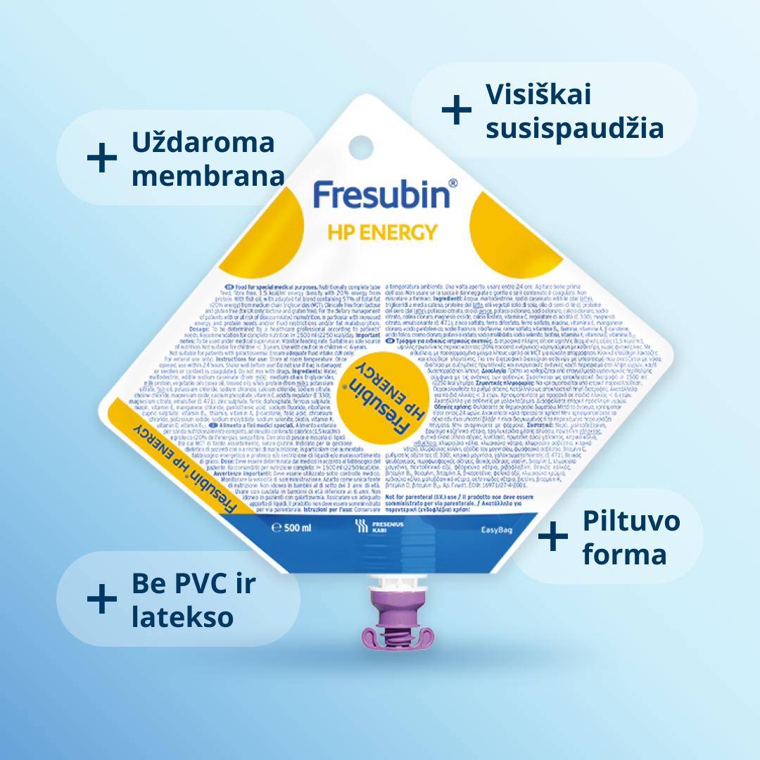 Infografika, paaiškinanti keturis pagrindinius „Fresenius Kabi“ zondinio maitinimo talpyklos „EasyBag“ veikimo aspektus. 
