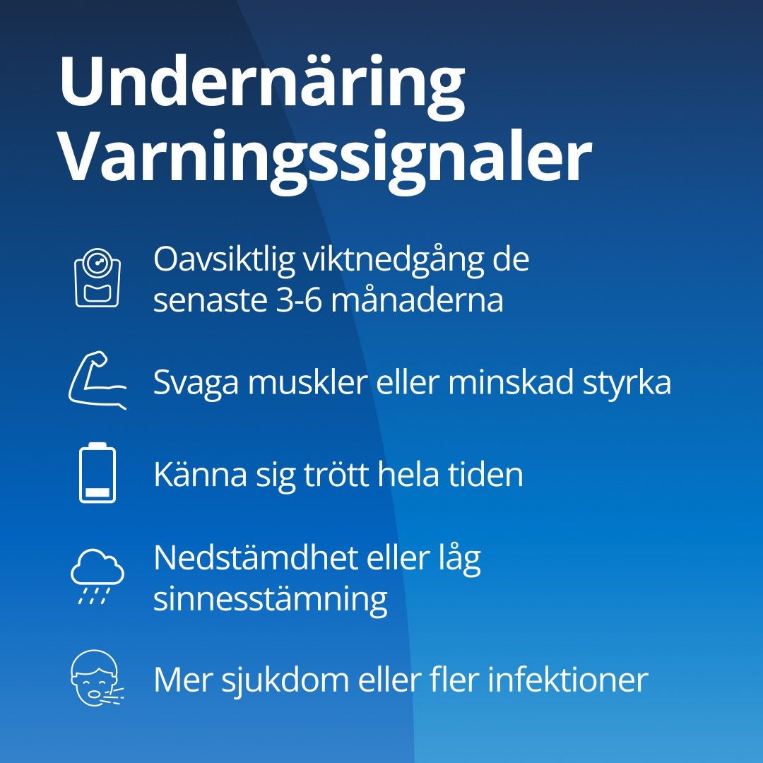 Fresubin förklarar att varningssignaler på undernäring hos äldre bland annat är ofrivillig viktminskning under de senaste 3–6 månaderna, muskelsvaghet eller minskad styrka, ständig trötthet, nedstämdhet eller deprimerad känsla samt en ökning av sjukdomar och infektioner 