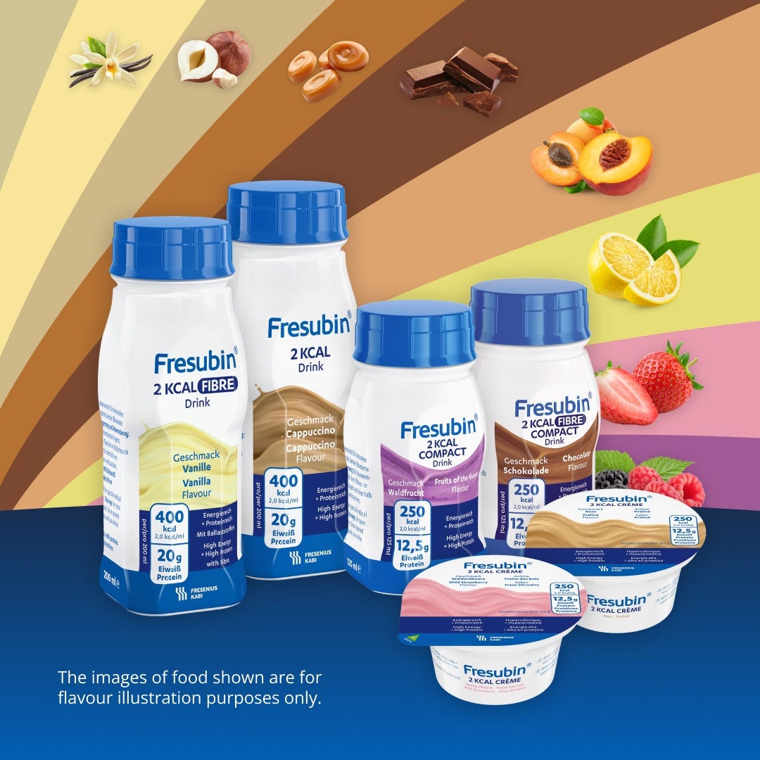 Fresubin’s 2KCAL range includes a high variety of options for uptake. Includes 2KCAL Drinks, 2KCAL COMPACT Drinks, 2KCAL FIBRE Drinks, 2KCAL FIBRE COMPACT Drinks and 2KCAL Crèmes. 