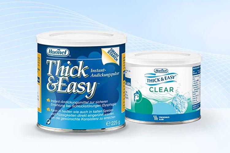 Produktabbildungen der Andickungspulver Thick & Easy und Thick & Easy Clear von Fresenius Kabi verlinkt zu Andickungsmittel