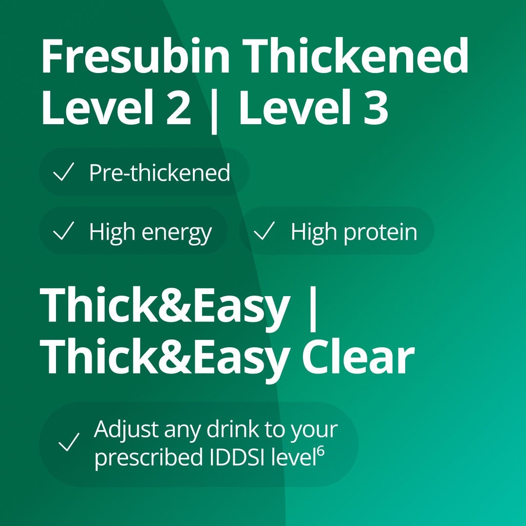 Fresubin Thickened Level 2 and Level 3 are pre-thickened, high energy, high protein drinks to support the nutritional needs of those with dysphagia. Thick&Easy and Thick&Easy Clear can be used to adjust the thickness of any drink to align with your prescirbed IDDSI level. 
