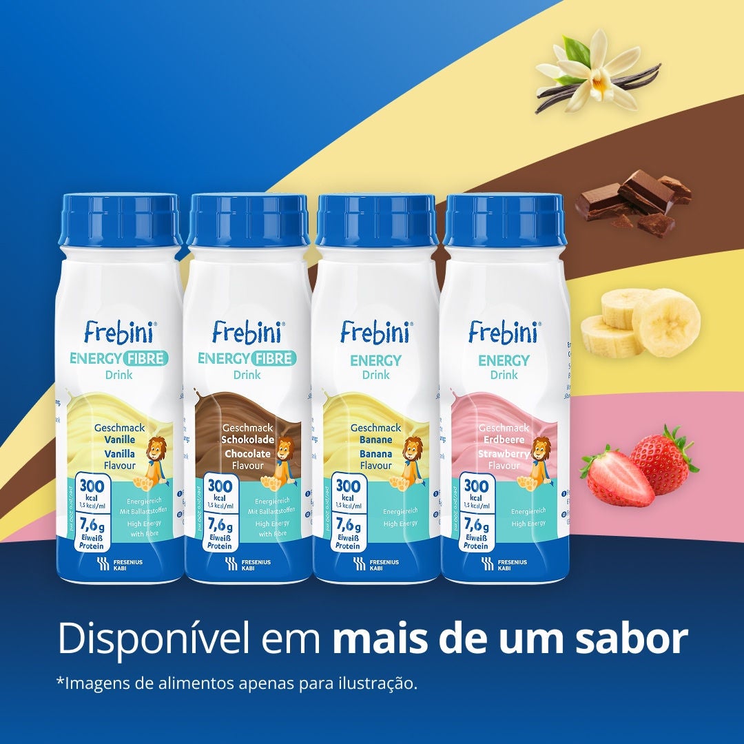 High calorie paediatric drinks from Fresubin's Frebini range, supporting children who need additional energy and nutritional intake, including Frebini Chocolate-flavoured and Vanilla-flavoured ENERGY FIBRE Drink and Frebini Banana-flavoured and Strawberry-flavoured ENERGY Drink 