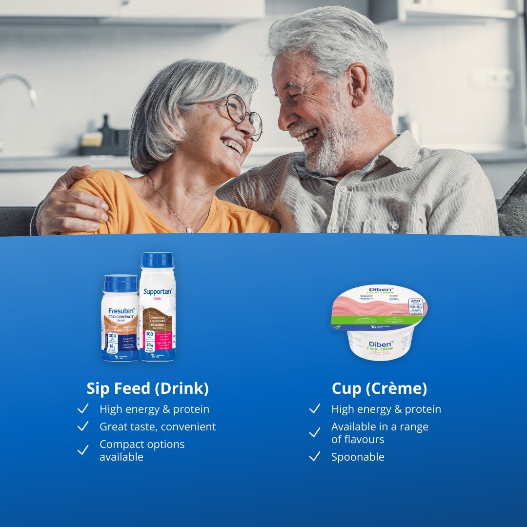 The Fresubin oral nutritional supplement range includes high energy and high protein sip feed drinks that have a great taste, and are convenient with compact options available; spoonable, satisfying crème cups that are high in energy and protein and ideal as a snack or dessert in a variety of flavours; and, powders that can be used in food or drinks to adjust energy and protein to your desired consistency for flexible, tailored nutrition. 