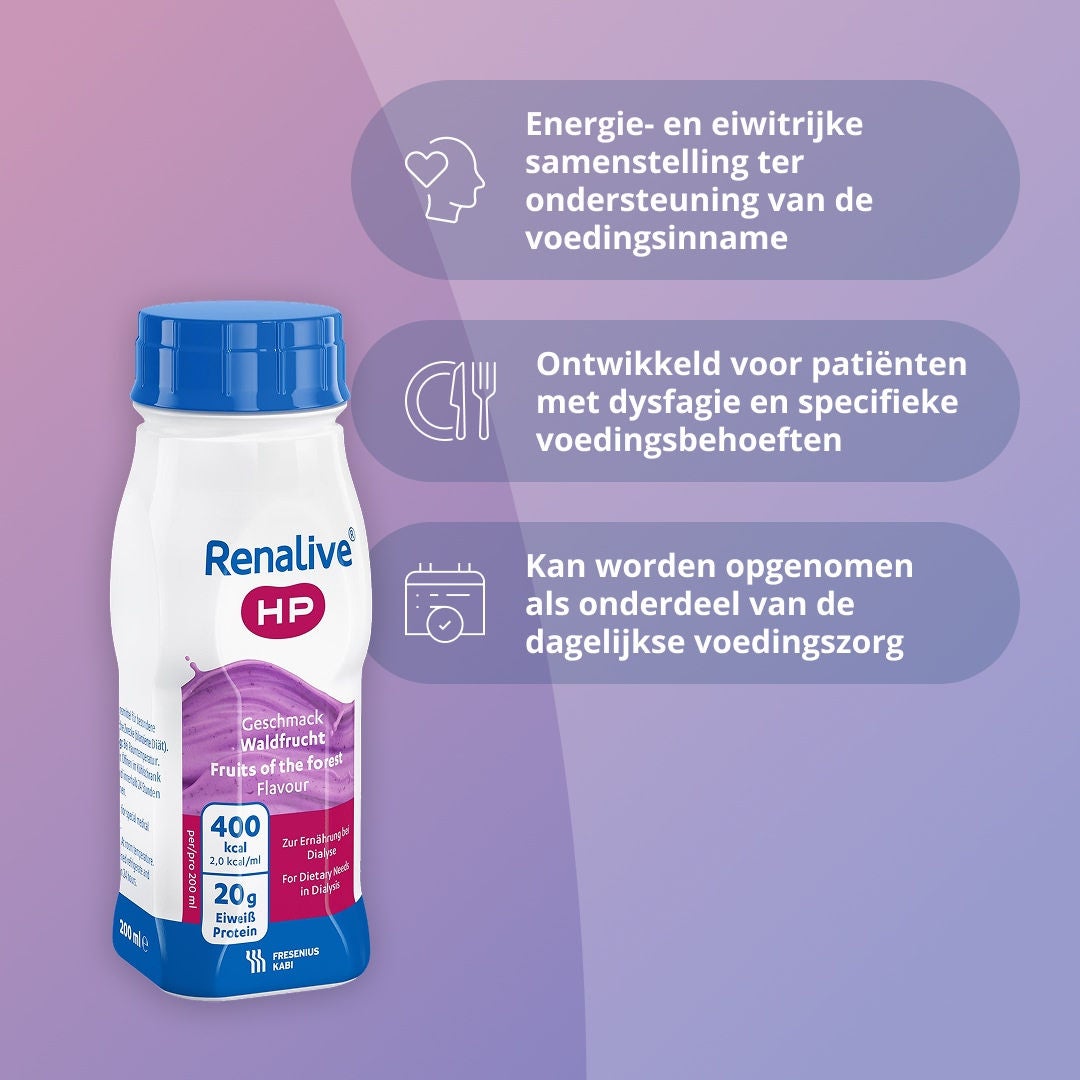 Renalive HP biedt veel energie in een compacte fles van 200 ml, wat handig is bij een verminderde eetlust. Het Renalive-assortiment is bovendien afgestemd op de voedingsbehoeften bij dialyse, met een verlaagd gehalte aan natrium, kalium en fosfor – belangrijke mineralen die bij chronische nierziekte (CKD) nauwlettend in de gaten moeten worden gehouden. Renalive laat zich gemakkelijk in het dagelijks leven integreren, aangezien er geen bereiding nodig is dankzij de kant-en-klare verpakking; het product smaakt het lekkerst gekoeld. 