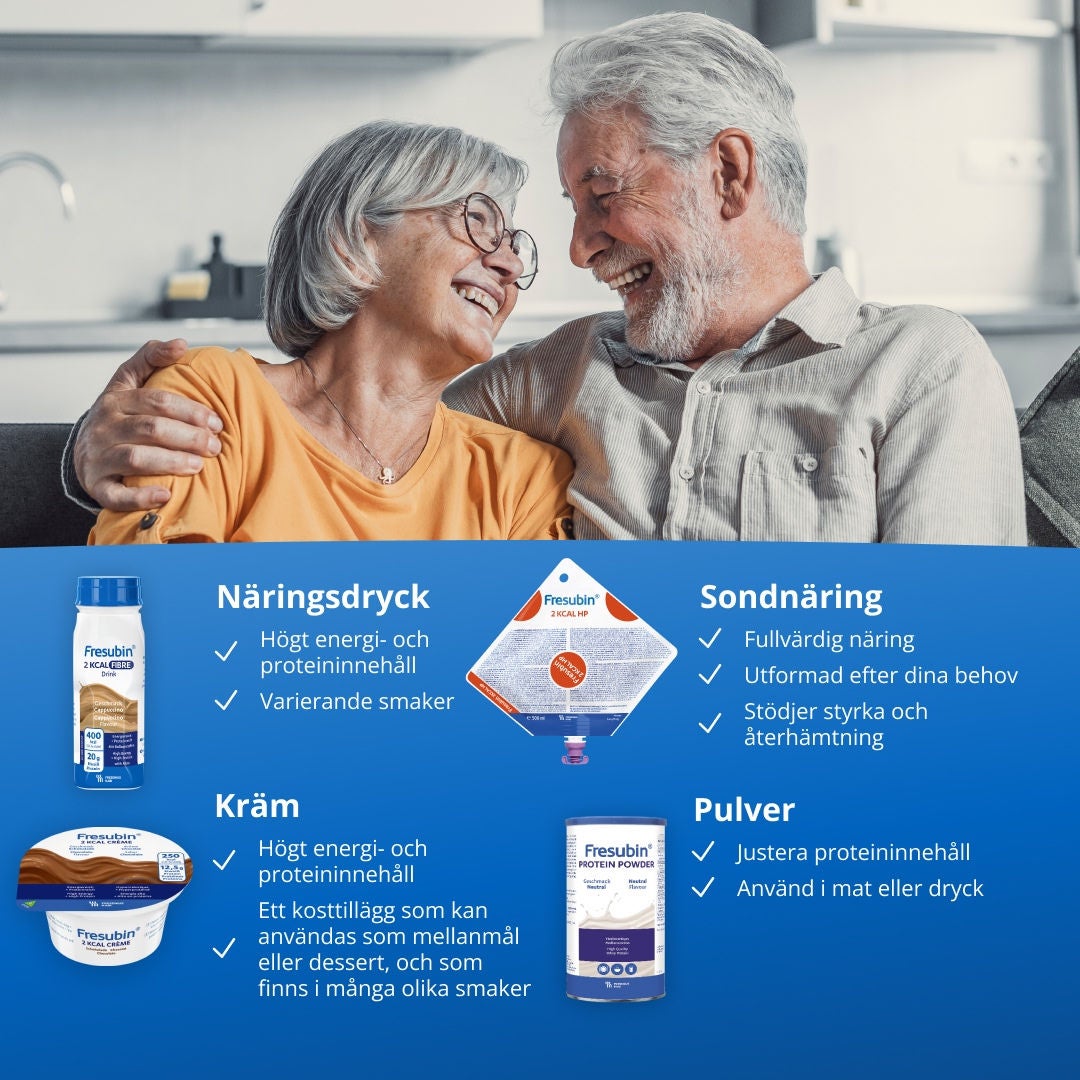 Fresubin-sortimentet omfattar energirika och proteinrika drycker för intag med sugrör som är praktiska och smakar utmärkt; sondnäring som ger fullvärdig näring för olika kliniska behov; krämiga bägare som kan ätas med sked, med högt energi- och proteininnehåll och som är perfekta som mellanmål eller dessert i en rad olika smaker; samt pulver som kan användas flexibelt i mat eller dryck för att anpassa energi- och proteininnehållet till önskad konsistens. 