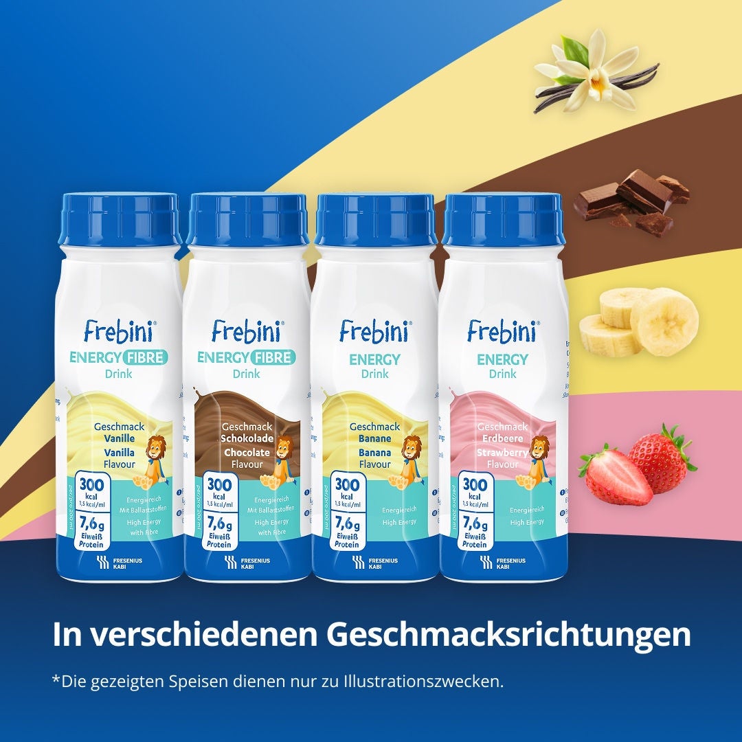 High calorie paediatric drinks from Fresubin's Frebini range, supporting children who need additional energy and nutritional intake, including Frebini Chocolate-flavoured and Vanilla-flavoured ENERGY FIBRE Drink and Frebini Banana-flavoured and Strawberry-flavoured ENERGY Drink 