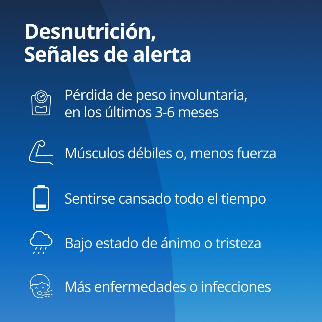Fresubin explica que los signos de alerta de la desnutrición en las personas mayores incluyen la pérdida de peso involuntaria en los últimos 3 a 6 meses, debilidad muscular o disminución de la fuerza, sensación de cansancio constante, bajo estado de ánimo o desánimo, y un aumento de las enfermedades e infecciones 