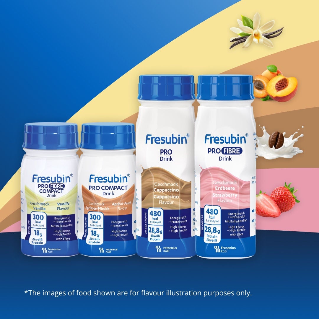 Fresubin's PRO range is available in a variety of formats and flavours, including Vanilla-flavoured PRO FIBRE COMPACT Drink, Apricot-Peach flavoured PRO COMPACT Drink, Cappuccino-flavoured PRO Drink and Strawberry-flavoured PRO FIBRE Drink 