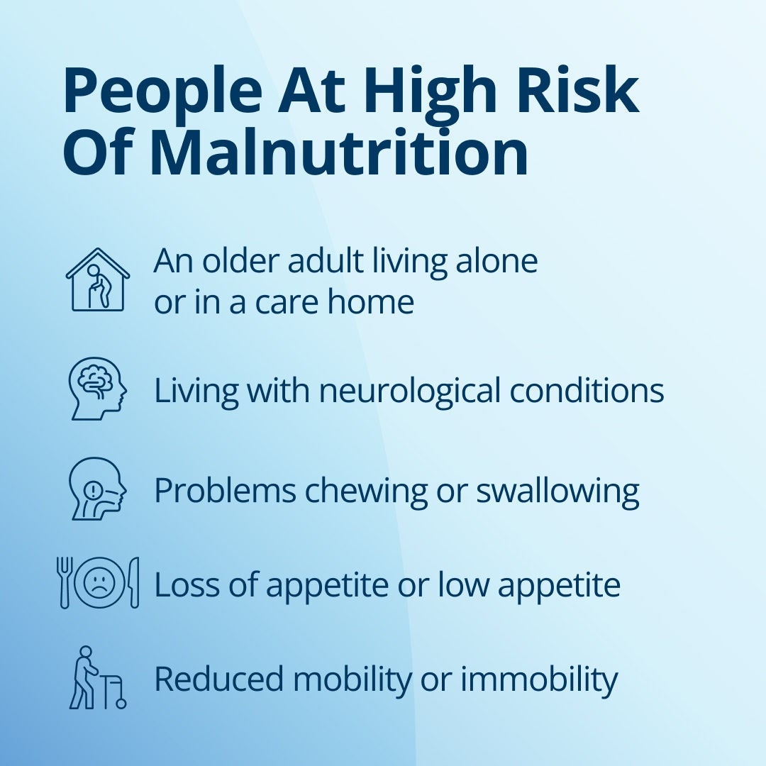 Fresubin explains that people who are at a higher risk of malnutrition include older adults living alone or in a care home, those recovering from a stroke, people living with neurological conditions, those with problems chewing or swallowing, people suffering from a loss of appetite or a low appetite, and older adults with reduced mobility or immobility 