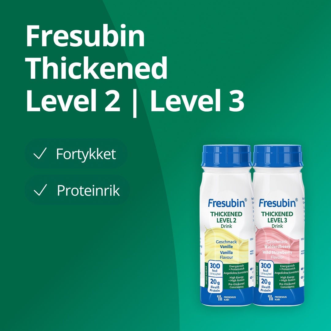 Fresubin Thickened Level 2 og Level 3 er ferdigfortykkede drikker med høyt energi- og proteininnhold, utviklet for å dekke ernæringsbehovene til personer med dysfagi. Thick&Easy og Thick&Easy Clear kan brukes til å justere konsistensen på alle typer drikker, slik at de samsvarer med det foreskrevne IDDSI-nivået. 