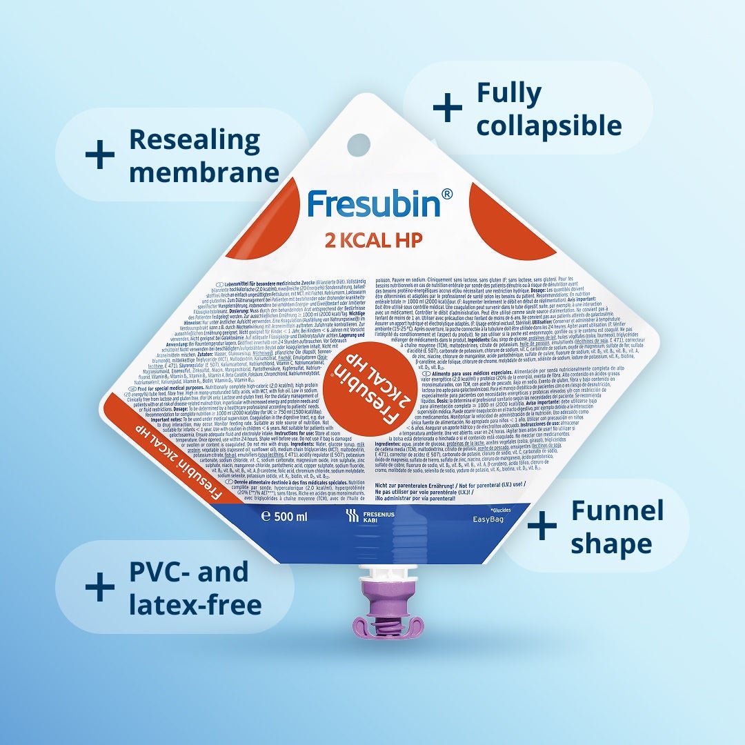 An infographic explaining the four key aspects of how Fresenius Kabi's tube feeding container EasyBag works. 