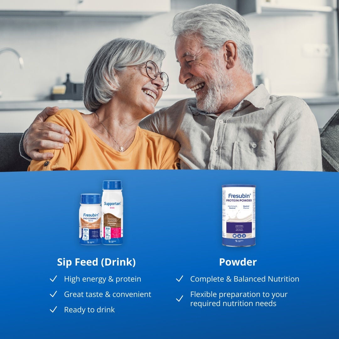 The Fresubin range includes high energy and high protein sip feed drinks that are convenient, and have a great taste; tube feeds offering complete nutrition for various clinical needs; spoonable crème cups that are high in energy and protein and ideal as a snack or dessert in a variety of flavours; and, powders that can be used in food or drinks flexibly to adjust energy and protein to your desired consistency. 