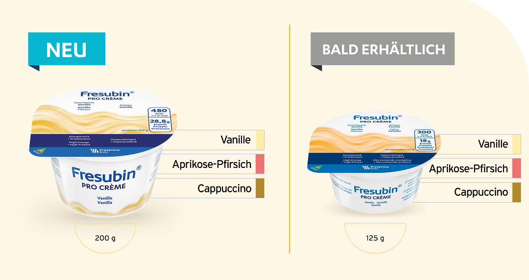 Fresubin Pro Crème in den Grössen 200 g und 125 g, erhältlich in den Geschmacksrichtungen Vanille, Aprikose-Pfirsich und Cappuccino. Die 125-g-Variante ist bald erhältlich.