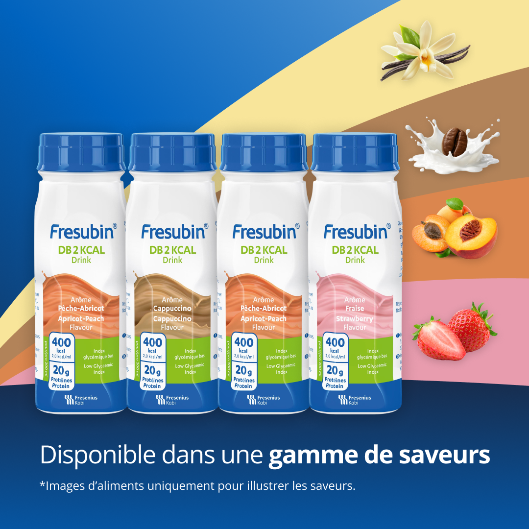 Fresubin® DB 2kcal, destinée à accompagner la nutrition des personnes diabétiques, se décline en divers formats et saveurs pour répondre à vos besoins, notamment : Fresubin® DB en boisson aromatisée à l'abricot et à la pêche, Fresubin® DB boisson aromatisée à la vanille 2 kcal, la CRÈME Fresubin® DB à 2 kcal à la cuillère, saveur abricot-pêche, et la CRÈME Fresubin® DB à la cuillère, saveur cappuccino..