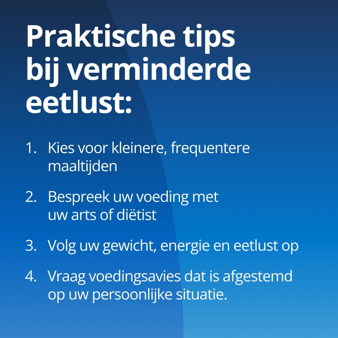 Fresubin geeft praktische tips om de voedselinname te verbeteren: 1. Eet vaker kleinere maaltijden. 2. Bespreek uw niervriendelijke dieet met uw zorgteam. 3. Houd uw gewicht, energiepeil en eetlust in de gaten. 4. Vraag naar niergerichte voedingssupplementen die zijn afgestemd op chronische nierziekte (CKD) en die veel energie bevatten maar weinig volume hebben. 