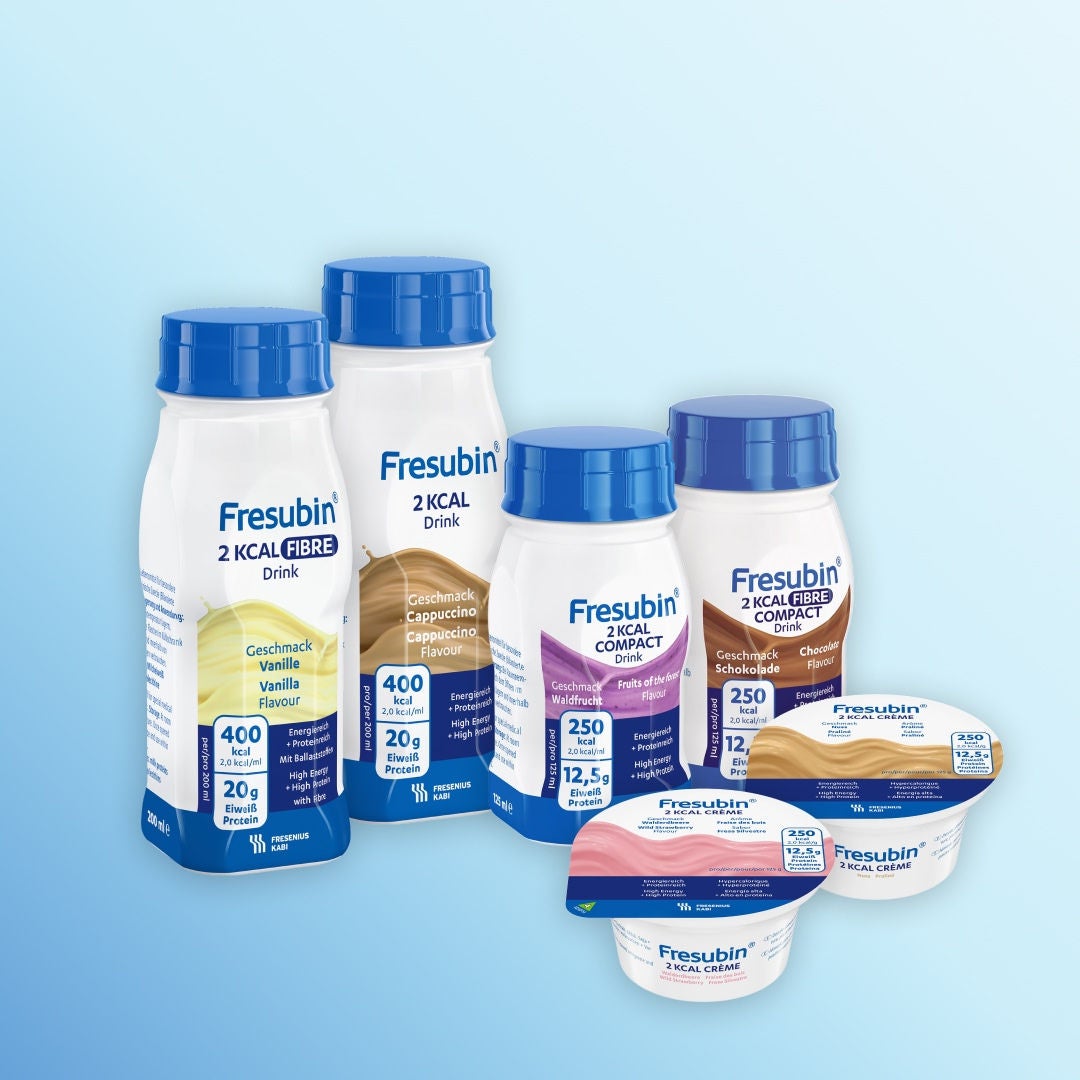  Het 2KCAL-assortiment van Fresubin biedt een ruime vatiatie. Het omvat 2KCAL-dranken, 2KCAL COMPACT-dranken, 2KCAL FIBRE-dranken, 2KCAL FIBRE COMPACT-dranken en 2KCAL-crèmes.