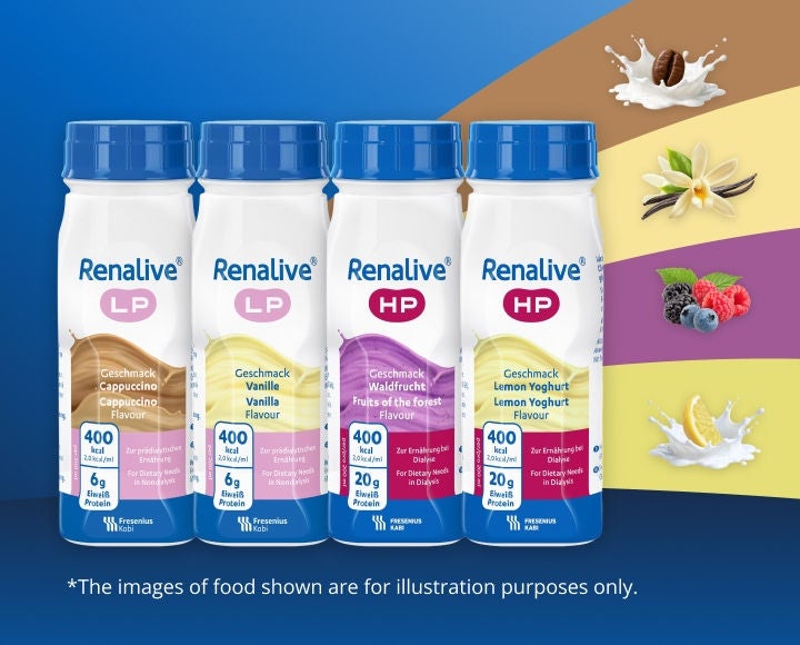 Nutritional drinks for those with chronic kidney diseases from the Fresubin RENAL range, with reduced protein and electrolytes. Includes Vanilla and Cappuccino flavours 