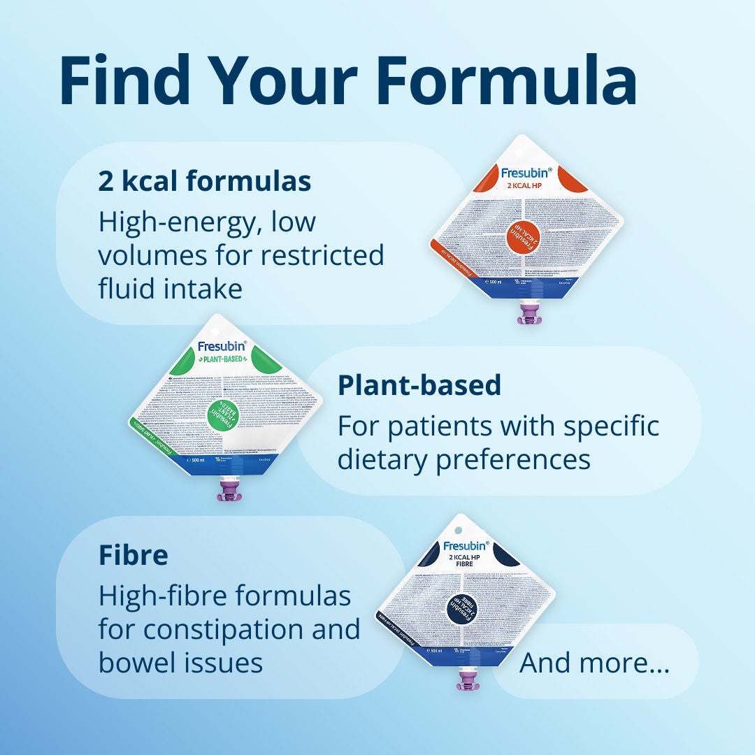 Find your formula with the Fresubin range, including 2kcal formulas for high energy and low volume options for restricted fluid intake, plant-based options for patients with specific dietary preferences, high-fibre options for those with constipation and bowel issues, and more... 