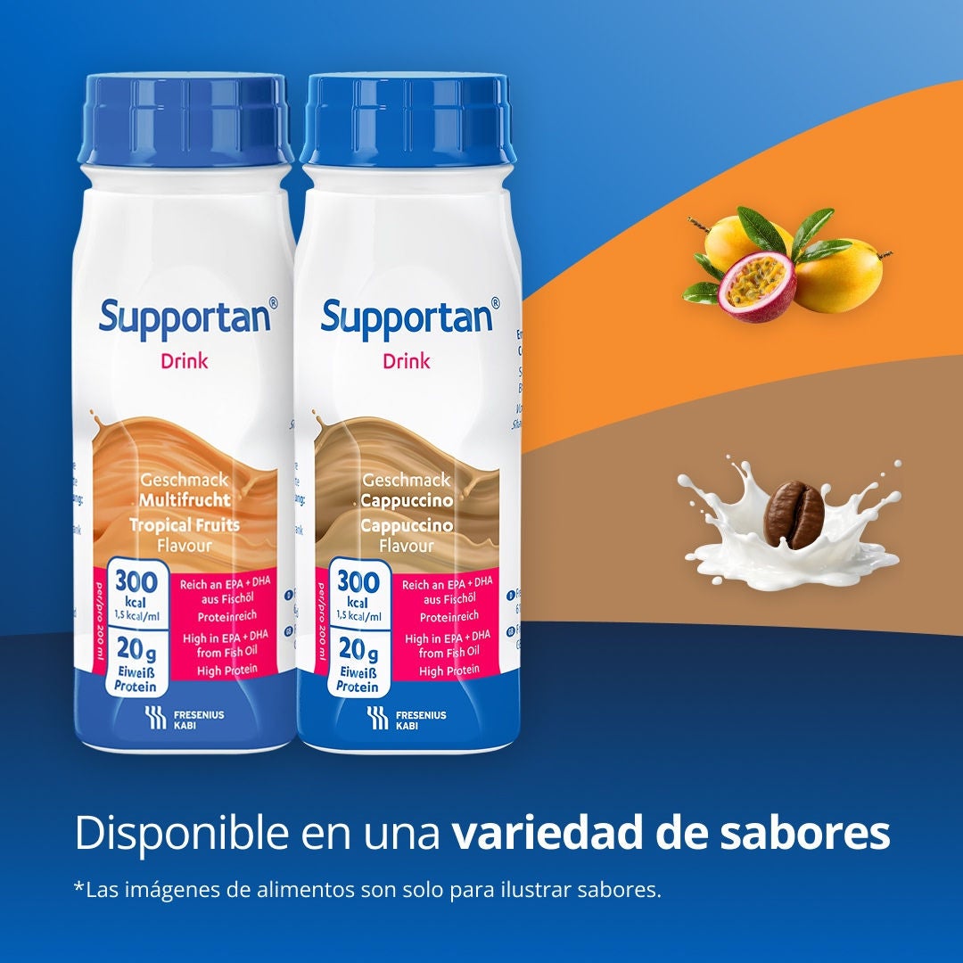 Bebidas nutricionales para pacientes con cáncer de la gama Supportan de Fresubin, diseñadas para mantener el peso y las fuerzas durante el tratamiento. Incluye los sabores piña-coco, frutas tropicales, capuchino y chocolate 