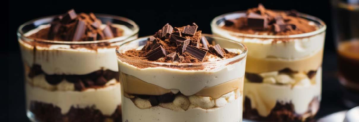 Mehrere Keks Dessert in Dessertgläsern mit Schokolade dekoriert