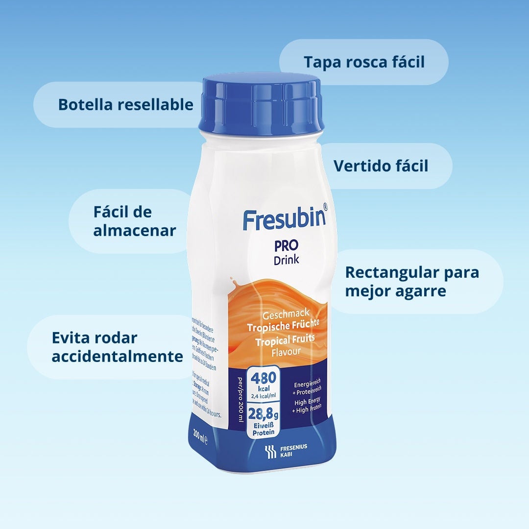 Una infografía que explica las funcionalidades del diseño de Fresubin EasyBottle. 