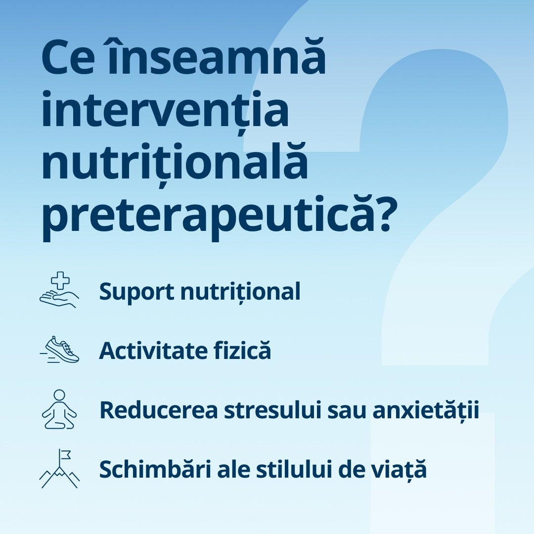 Ce este preabilitarea? Fresubin explică faptul că preabilitarea include sprijinul nutrițional, activitatea fizică, reducerea stresului sau a anxietății și schimbările în stilul de viață. 