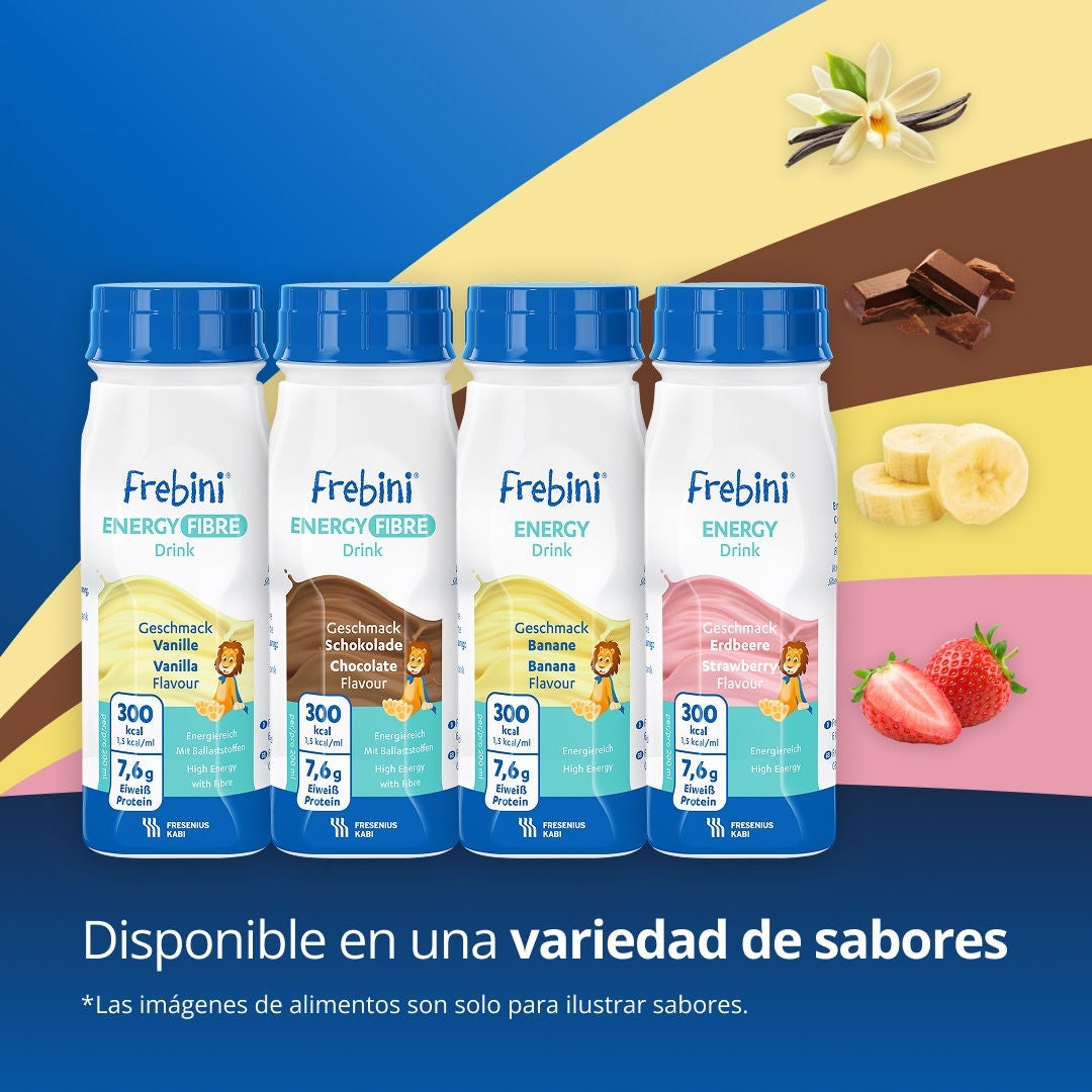 High calorie paediatric drinks from Fresubin's Frebini range, supporting children who need additional energy and nutritional intake, including Frebini Chocolate-flavoured and Vanilla-flavoured ENERGY FIBRE Drink and Frebini Banana-flavoured and Strawberry-flavoured ENERGY Drink 