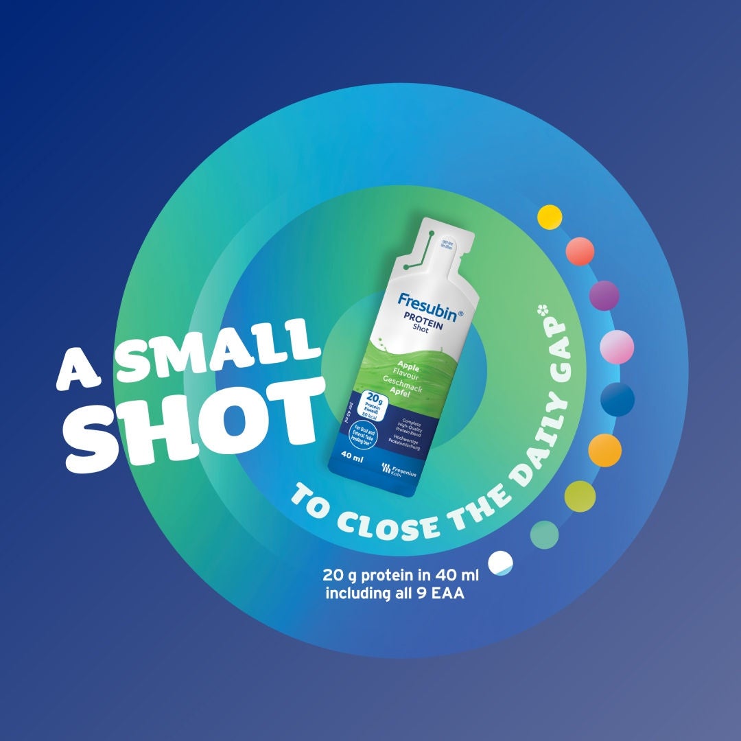Fresubin's Apple-flavoured Protein Shot is a small shot that helps to close the daily gap, with 20g of protein in 40ml, including all 9 essential amino acids. 