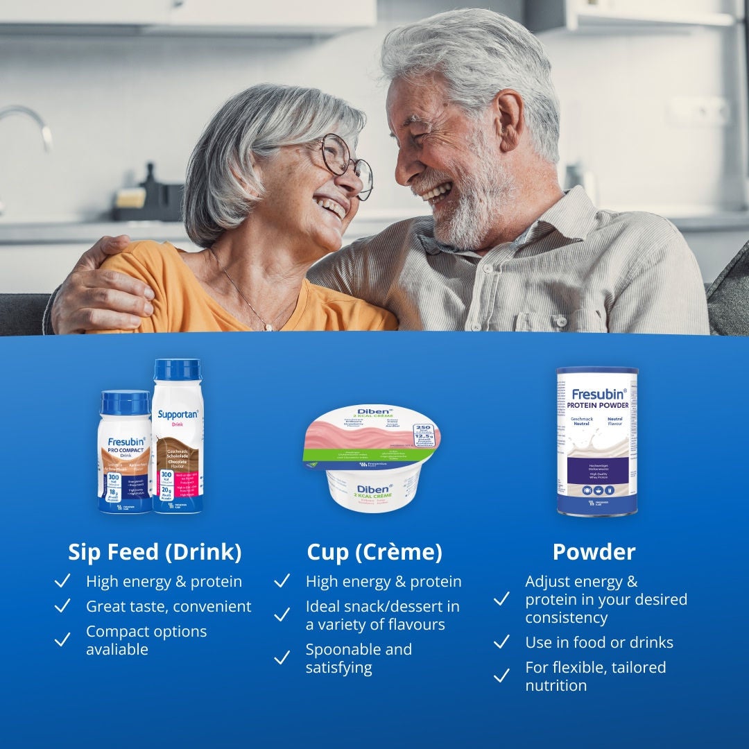 The Fresubin oral nutritional supplement range includes high energy and high protein sip feed drinks that have a great taste, and are convenient with compact options available; spoonable, satisfying crème cups that are high in energy and protein and ideal as a snack or dessert in a variety of flavours; and, powders that can be used in food or drinks to adjust energy and protein to your desired consistency for flexible, tailored nutrition. 