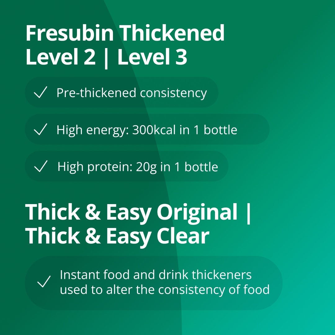 Fresubin Thickened Level 2 and Level 3 are pre-thickened, high energy, high protein drinks to support the nutritional needs of those with dysphagia. Thick&Easy and Thick&Easy Clear can be used to adjust the thickness of any drink to align with your prescirbed IDDSI level. 