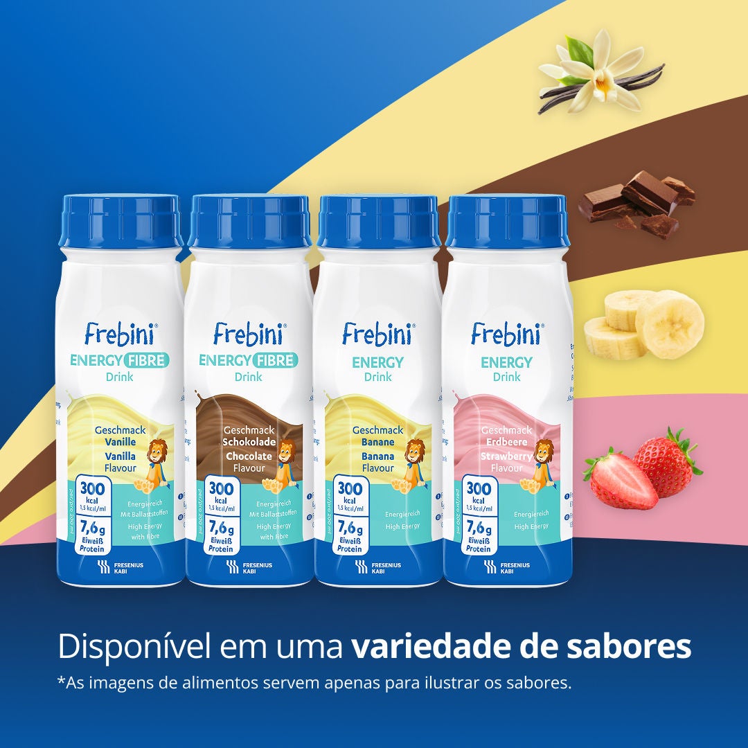 High calorie paediatric drinks from Fresubin's Frebini range, supporting children who need additional energy and nutritional intake, including Frebini Chocolate-flavoured and Vanilla-flavoured ENERGY FIBRE Drink and Frebini Banana-flavoured and Strawberry-flavoured ENERGY Drink 