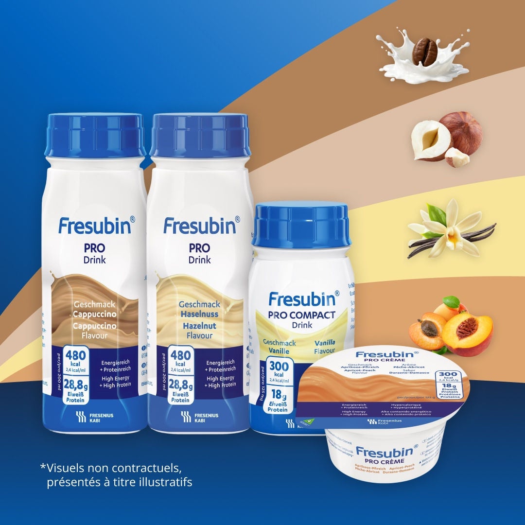 La gamme Fresubin Pro répond aux problèmes liés à une alimentation insuffisante chez les personnes âgées. Elle comprend Fresubin PRO Drink, Fresubin PRO FIBRE Drink, Fresubin PRO Compact Drink et Fresubin PRO Creme.  