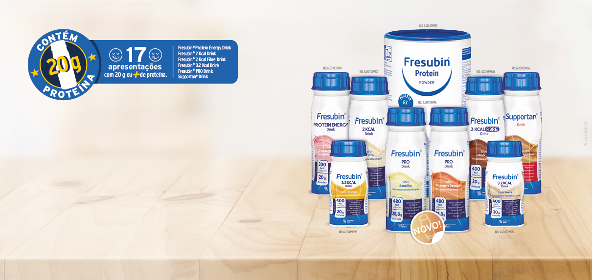 Imagem promocional de suplementos nutricionais da marca Fresubin, dispostos sobre uma superfície de madeira.