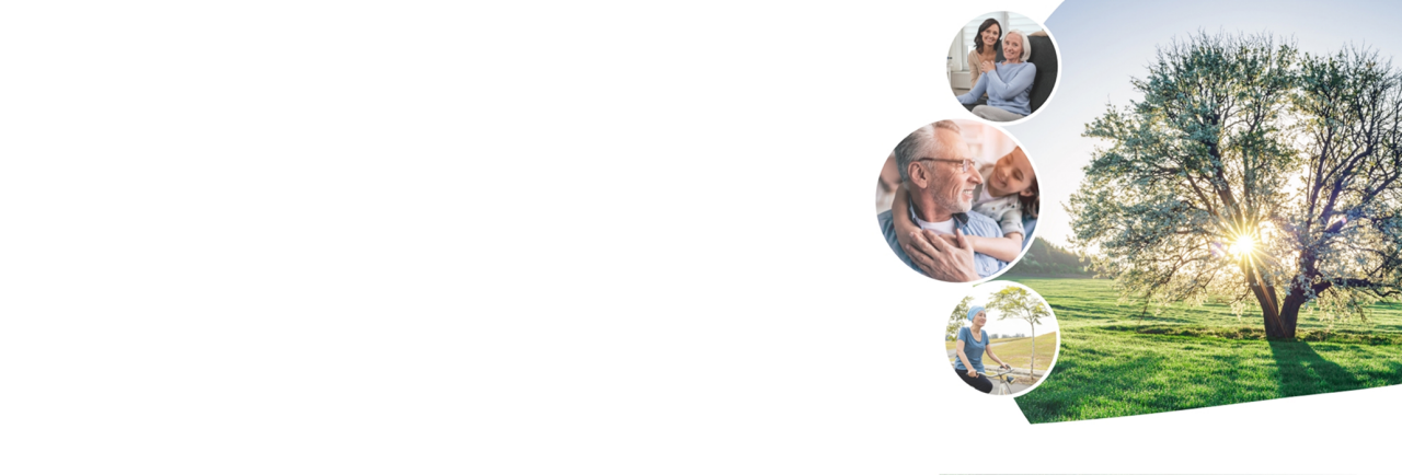 tree in a field and 3 circles with people in it that hug each other