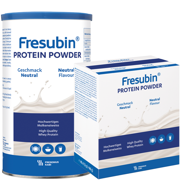 Fresubin Protein POWDER Dose und Karton mit Sachets