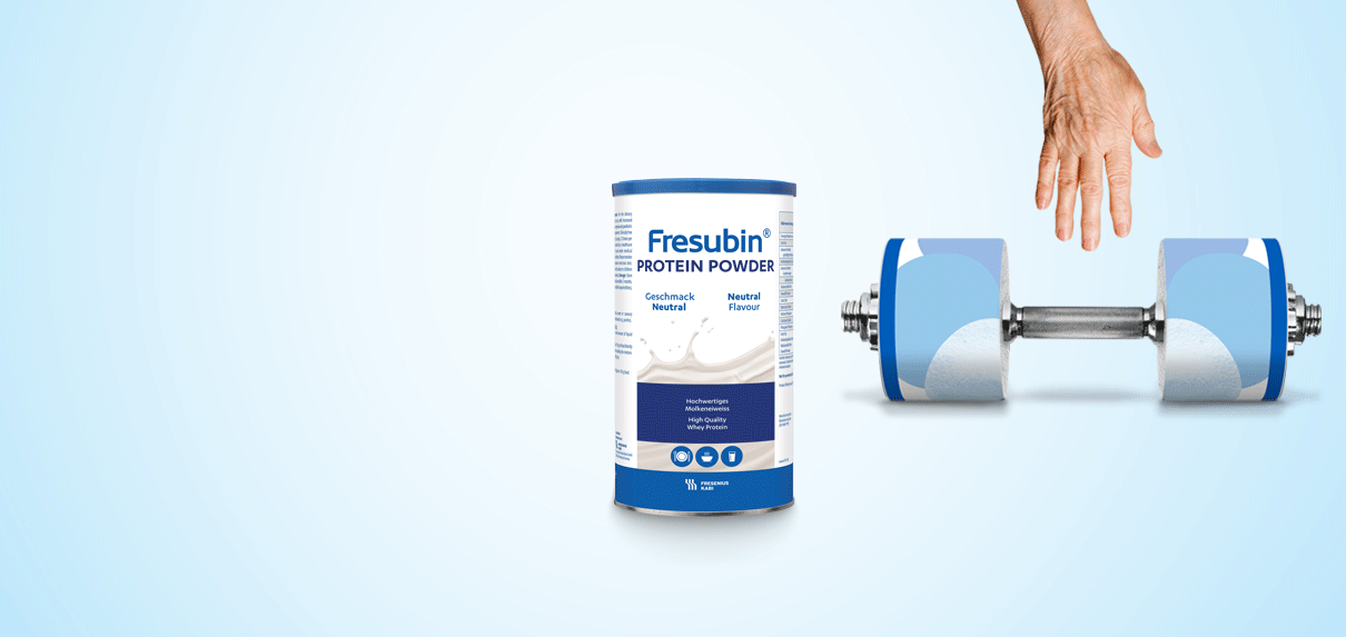 Fresubin Protein POWDER Dose Hand greift nach Hantel