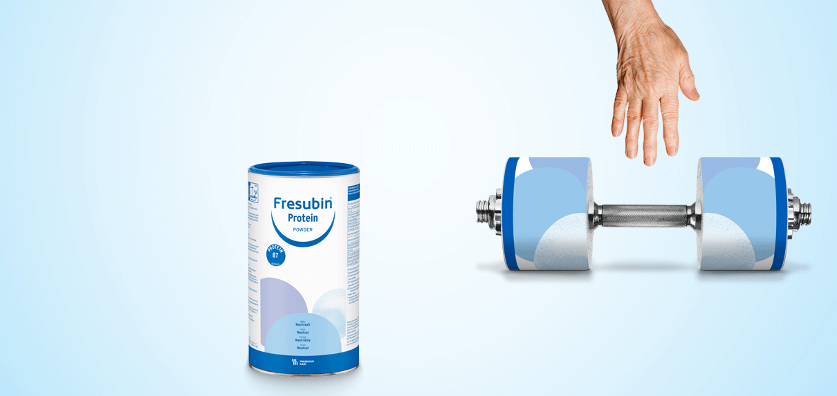 Fresubin Protein POWDER Dose Hand greift nach Hantel