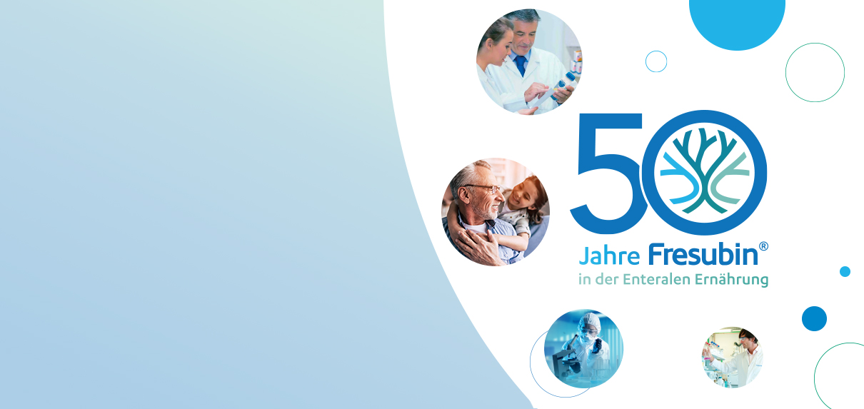 Blasen mit verschiedenen Bereichen von Fresubin in der Mitte das 50 Jahre Fresubin Logo