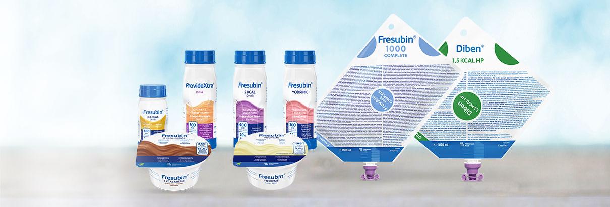 Verschiedene Fresubin-Produkte für die enterale Ernährung: Trinknahrung und Sondennahrung